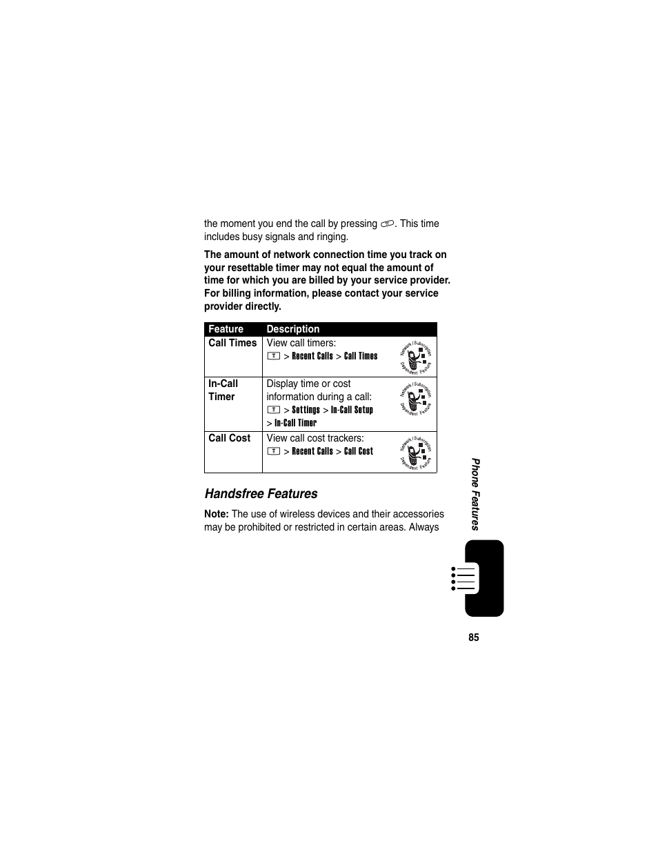 Handsfree features | Motorola E398 User Manual | Page 86 / 120