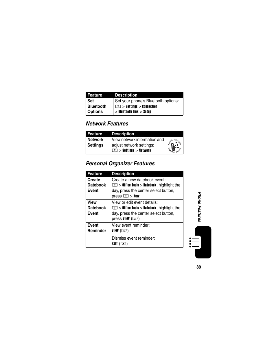 Network features personal organizer features | Motorola E398 User Manual | Page 90 / 120