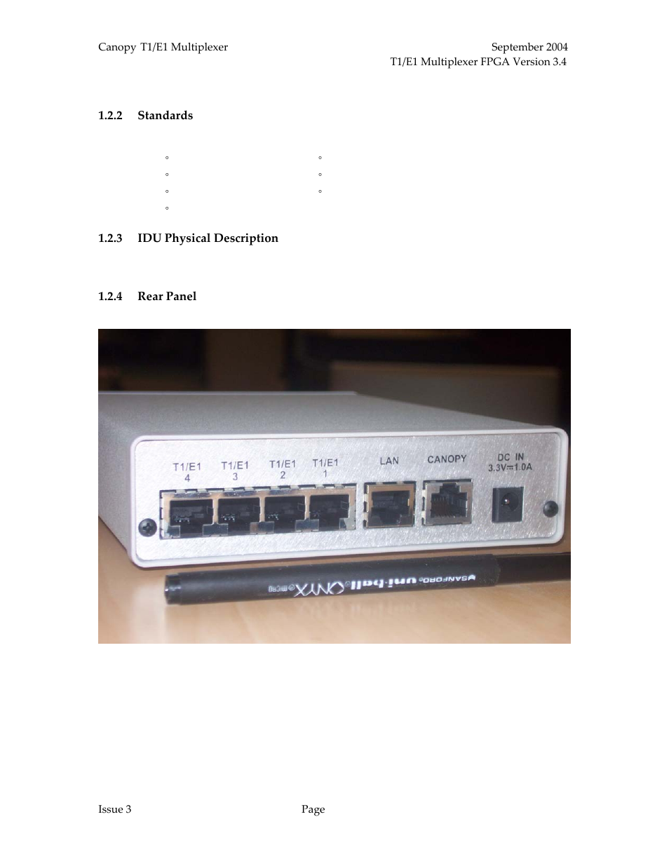 Standards, Idu physical description, Rear panel | Figure 2: canopy t1/e1 multiplexer rear panel | Motorola T1/E1 User Manual | Page 11 / 73