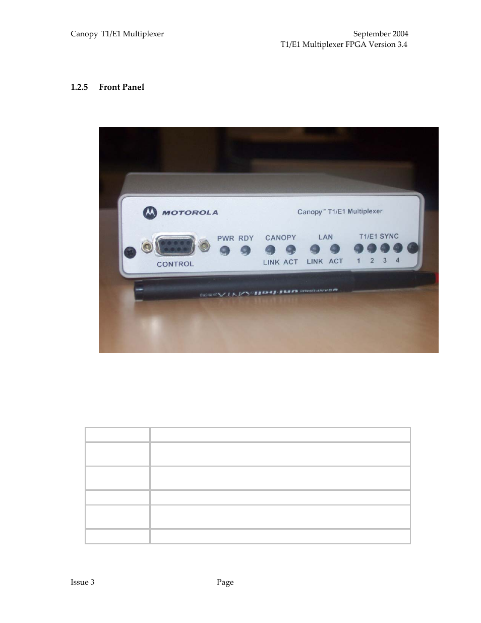 Front panel, Status leds, Figure 6: canopy t1/e1 multiplexer front panel | Table 3: led status indicator descriptions, Figure 6 | Motorola T1/E1 User Manual | Page 14 / 73