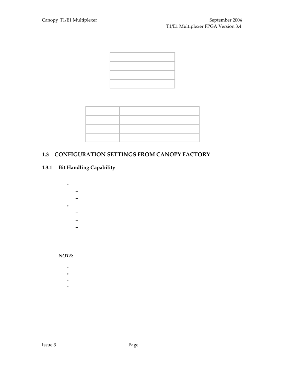 Configuration settings from canopy factory, Bit handling capability, Table 8: e1 framing specifications | Motorola T1/E1 User Manual | Page 17 / 73