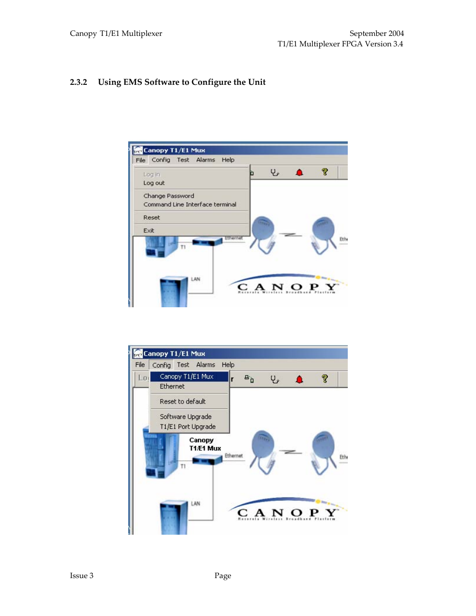 Using ems software to configure the unit, Figure 14: file drop-down menu in gui, Figure 15: config drop-down menu in gui | Motorola T1/E1 User Manual | Page 33 / 73