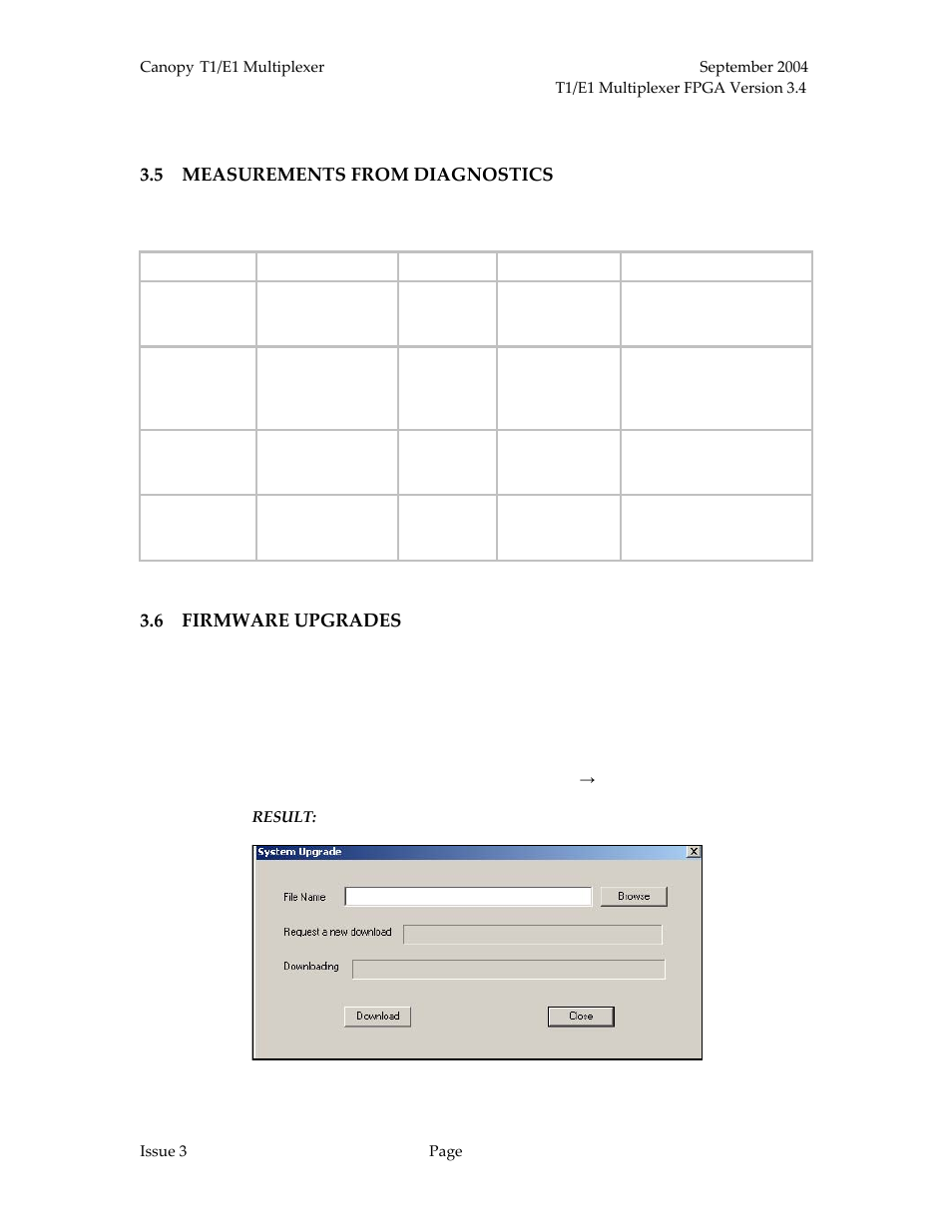 Measurements from diagnostics, Firmware upgrades, Figure 24: system upgrade window | Table 13: comparison of diagnostic measurements, Procedure 29: upgrading firmware | Motorola T1/E1 User Manual | Page 59 / 73