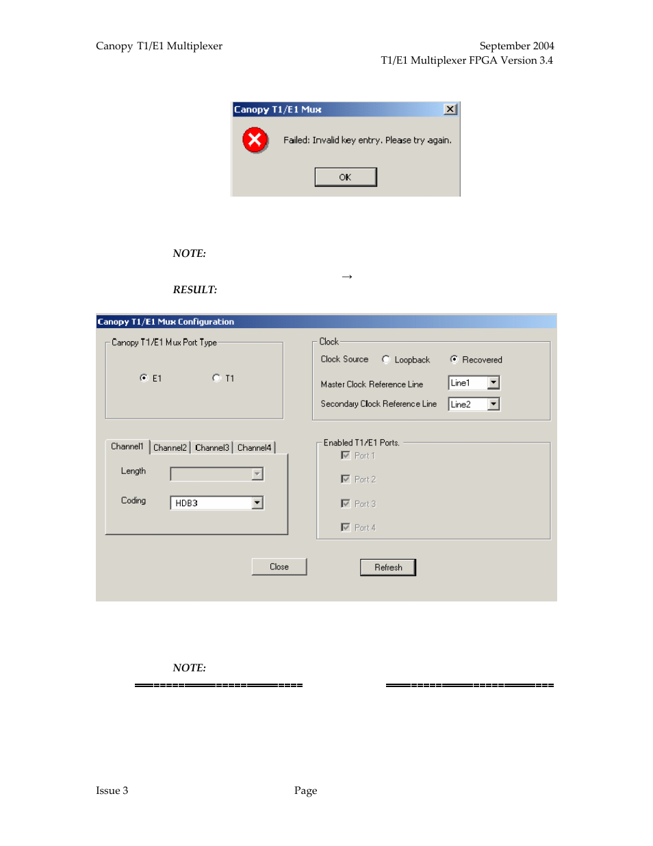 Figure 28: invalid key entry window, Figure 29: canopy t1/e1 mux configuration window, Figure 28 | Motorola T1/E1 User Manual | Page 62 / 73