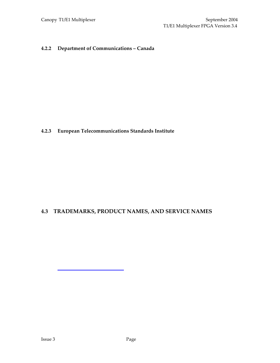 Department of communications – canada, Canadian compliance statement, European telecommunications standards institute | Statement of compliance, Trademarks, product names, and service names | Motorola T1/E1 User Manual | Page 72 / 73