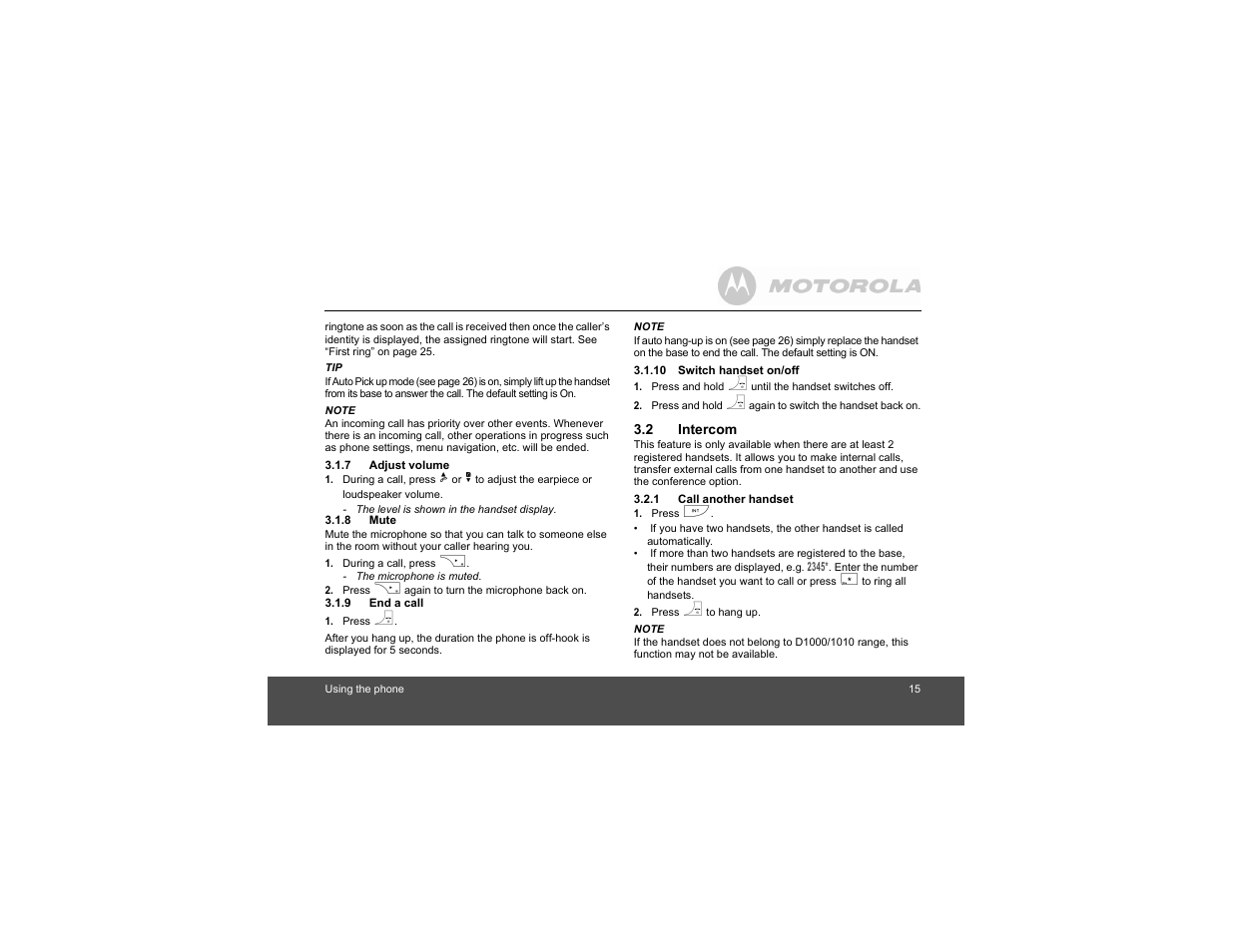 7 adjust volume, 8 mute, 9 end a call | 10 switch handset on/off, 2 intercom, 1 call another handset | Motorola Digital Cordless Phone D1004 User Manual | Page 15 / 45