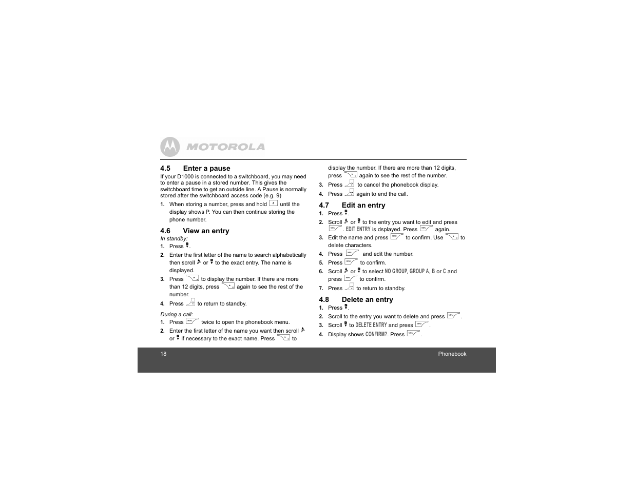 5 enter a pause, 6 view an entry, 7 edit an entry | 8 delete an entry | Motorola Digital Cordless Phone D1004 User Manual | Page 18 / 45