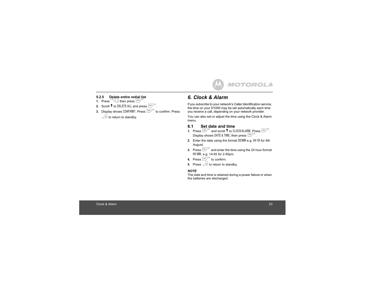 5 delete entire redial list, Clock & alarm, 1 set date and time | Delete entire redial list | Motorola Digital Cordless Phone D1004 User Manual | Page 23 / 45