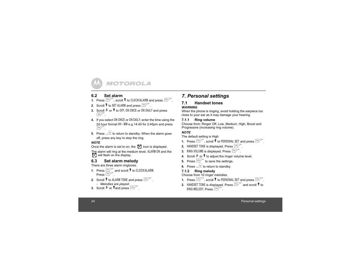 2 set alarm, 3 set alarm melody, Personal settings | 1 handset tones, 1 ring volume, 2 ring melody, 2 set alarm 6.3 set alarm melody, 1 ring volume 7.1.2 ring melody | Motorola Digital Cordless Phone D1004 User Manual | Page 24 / 45