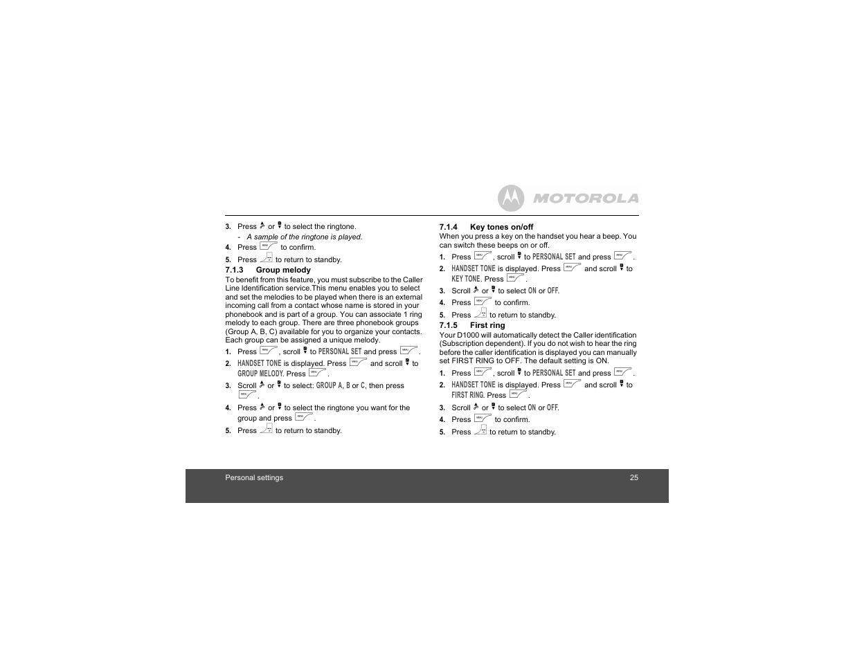 3 group melody, 4 key tones on/off, 5 first ring | Motorola Digital Cordless Phone D1004 User Manual | Page 25 / 45