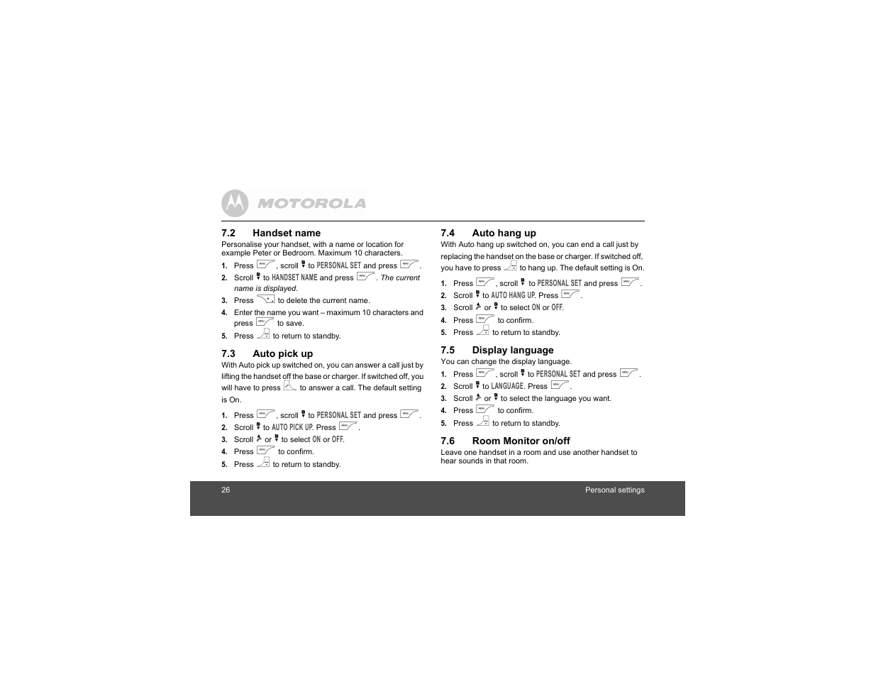 2 handset name, 3 auto pick up, 4 auto hang up | 5 display language, 6 room monitor on/off | Motorola Digital Cordless Phone D1004 User Manual | Page 26 / 45