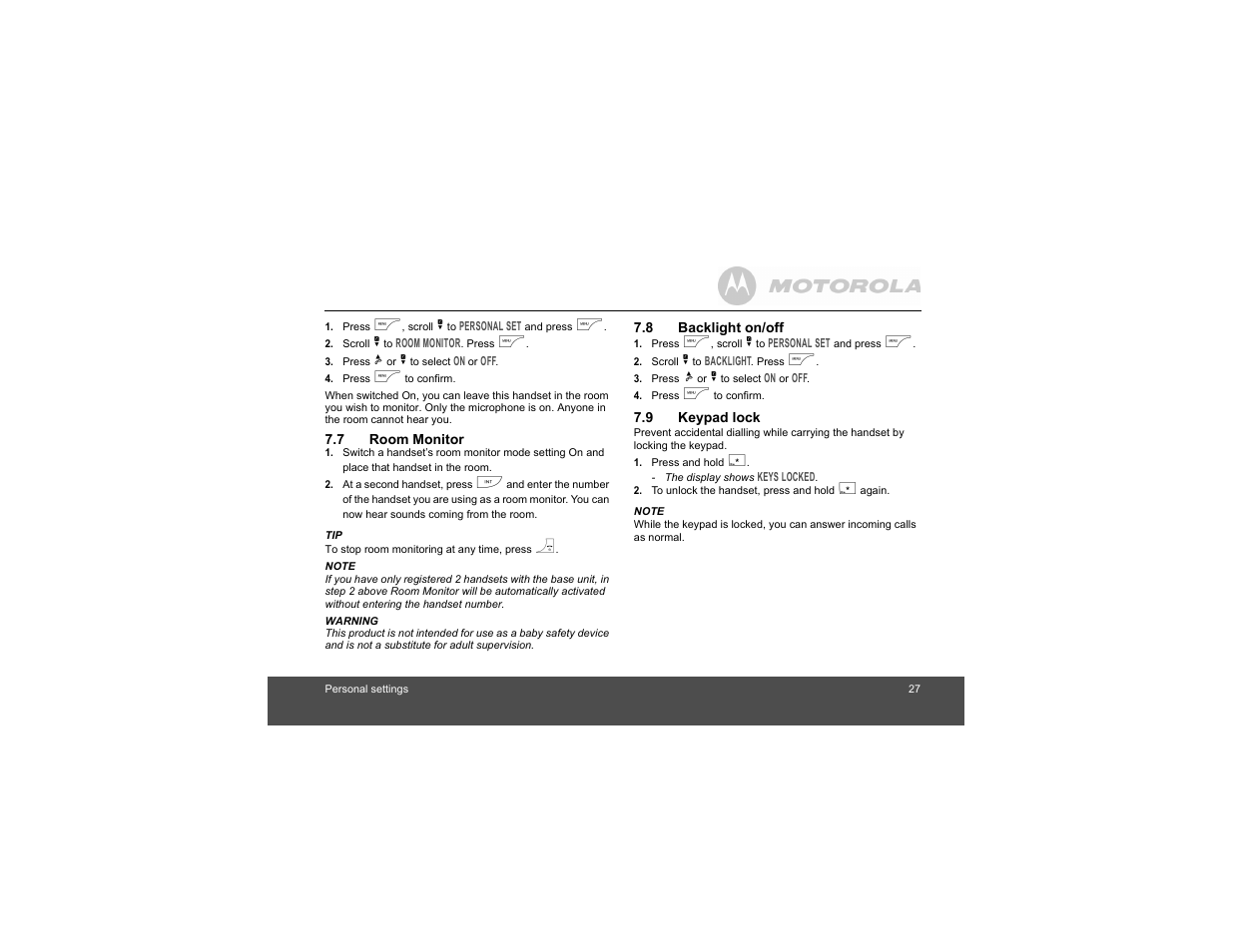 7 room monitor, 8 backlight on/off, 9 keypad lock | Motorola Digital Cordless Phone D1004 User Manual | Page 27 / 45