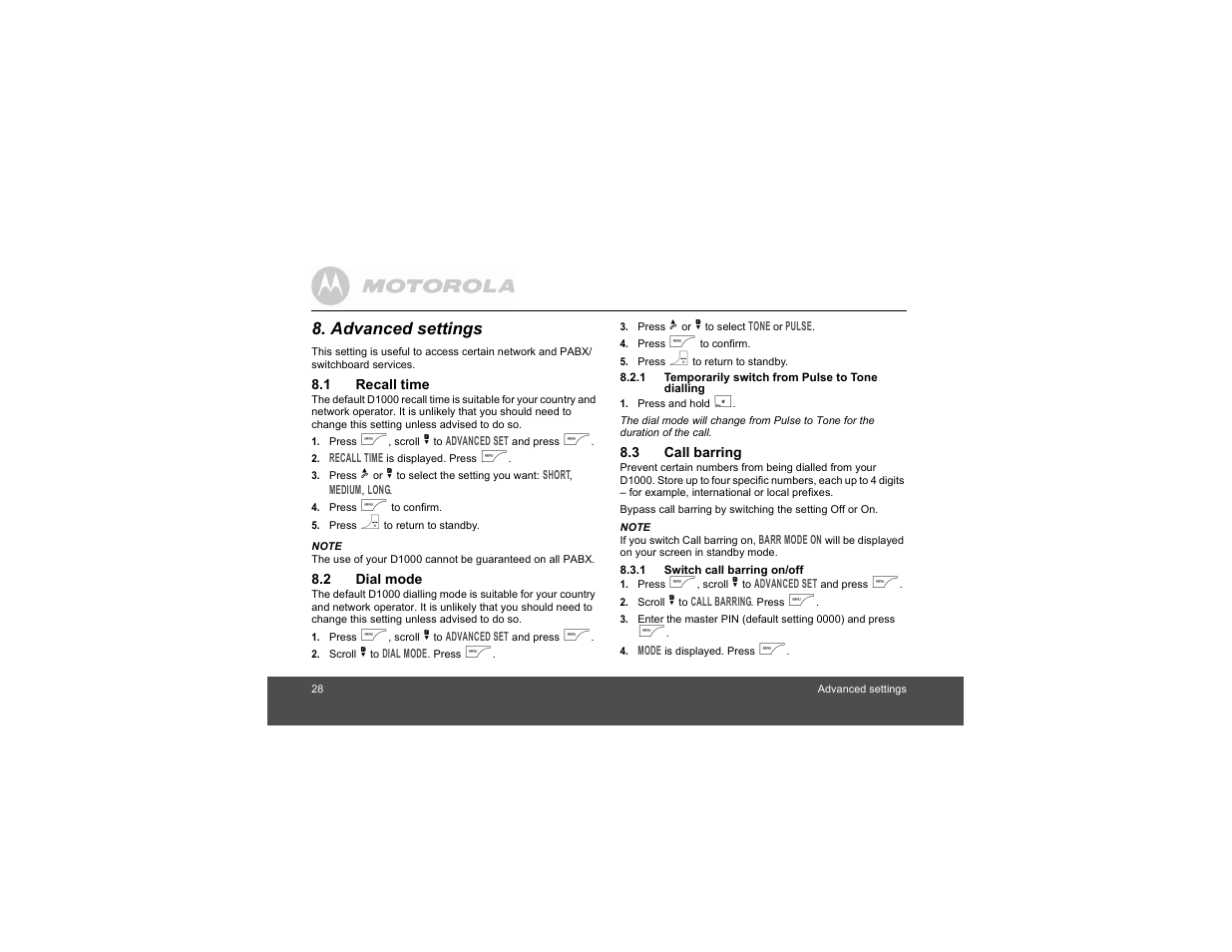 Advanced settings, 1 recall time, 2 dial mode | 1 temporarily switch from pulse to tone dialling, 3 call barring, 1 switch call barring on/off, 1 recall time 8.2 dial mode, 1 temporarily switch from pulse to, Tone dialling | Motorola Digital Cordless Phone D1004 User Manual | Page 28 / 45