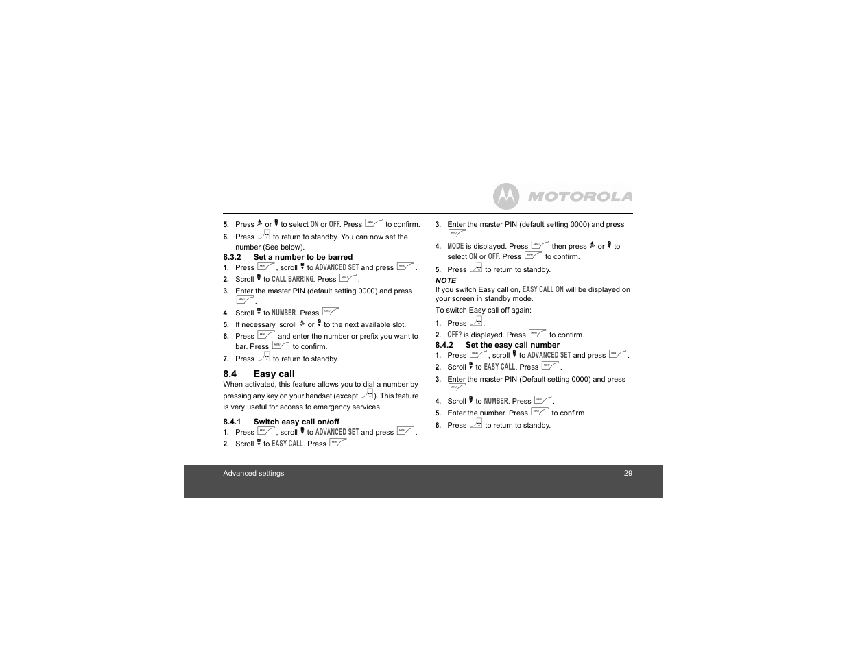 2 set a number to be barred, 4 easy call, 1 switch easy call on/off | 2 set the easy call number | Motorola Digital Cordless Phone D1004 User Manual | Page 29 / 45