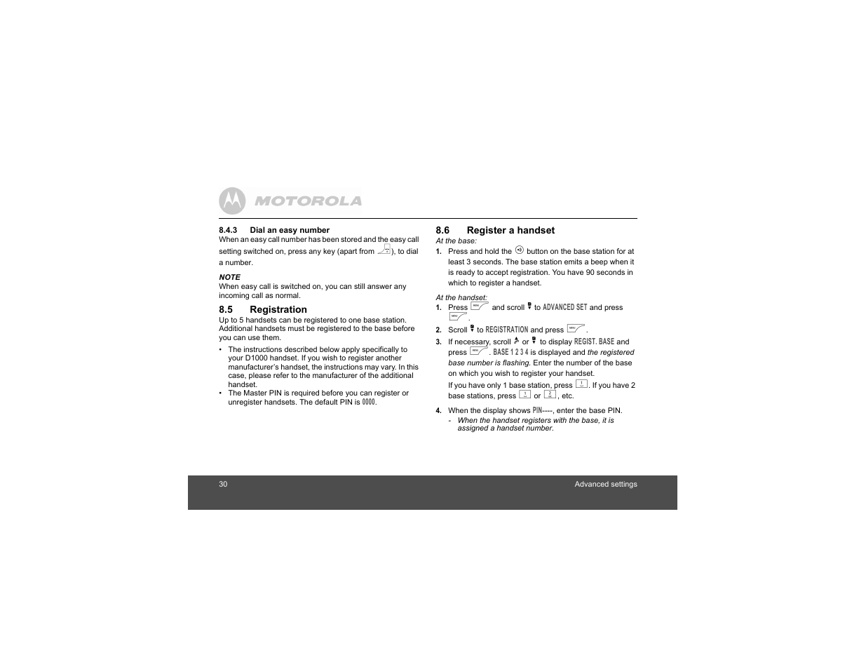 3 dial an easy number, 5 registration, 6 register a handset | 5 registration 8.6 register a handset | Motorola Digital Cordless Phone D1004 User Manual | Page 30 / 45
