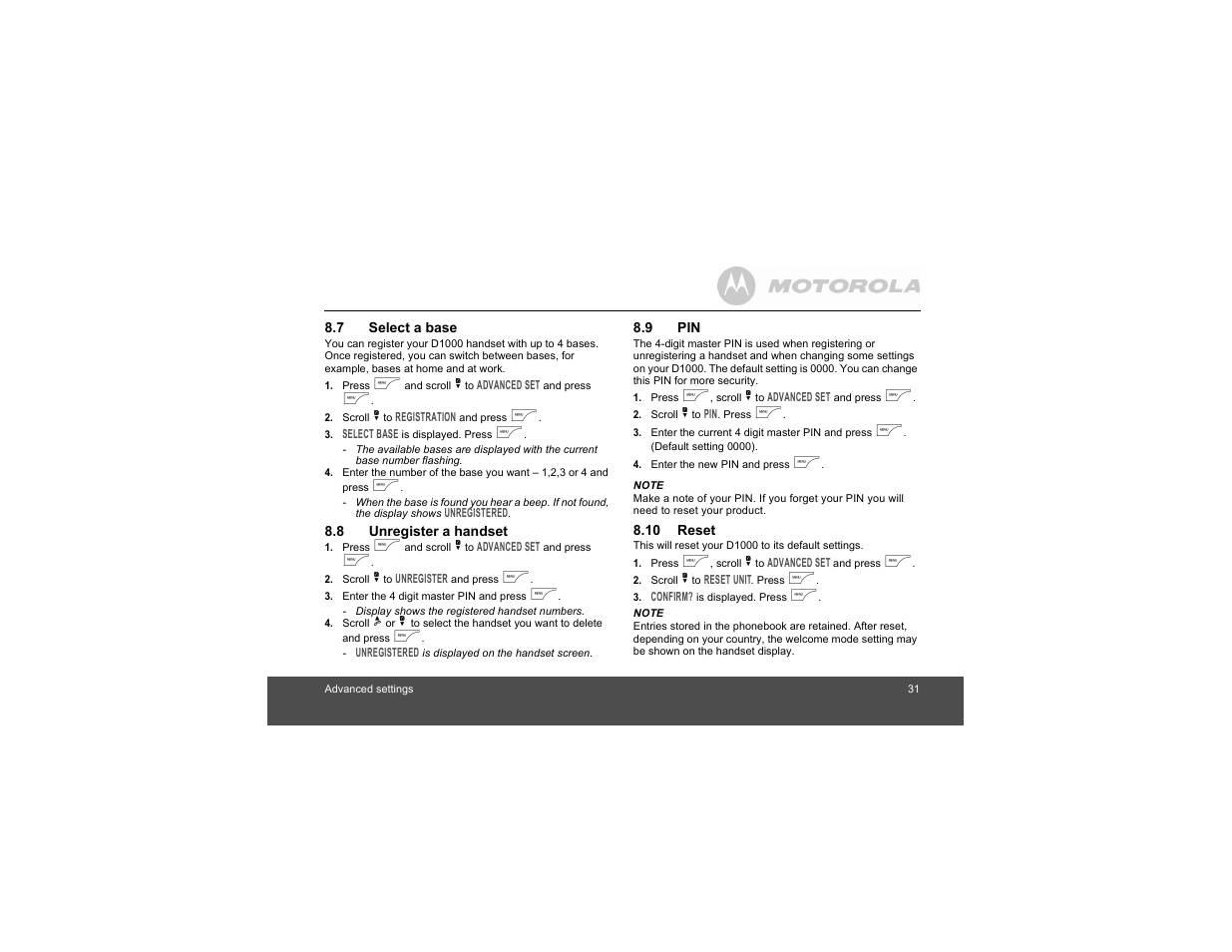 7 select a base, 8 unregister a handset, 9 pin | 10 reset | Motorola Digital Cordless Phone D1004 User Manual | Page 31 / 45