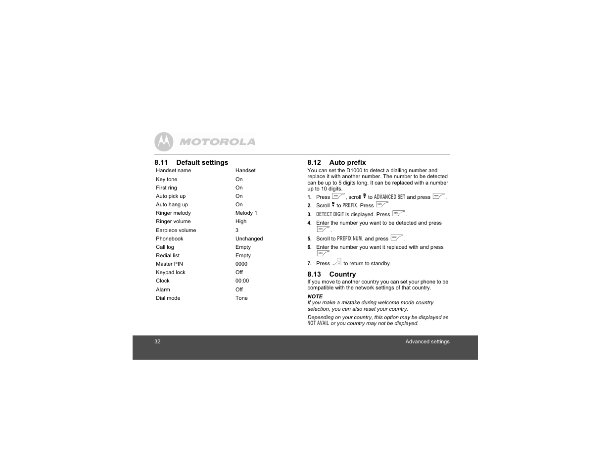 11 default settings, 12 auto prefix, 13 country | 11default settings 8.12auto prefix 8.13country | Motorola Digital Cordless Phone D1004 User Manual | Page 32 / 45
