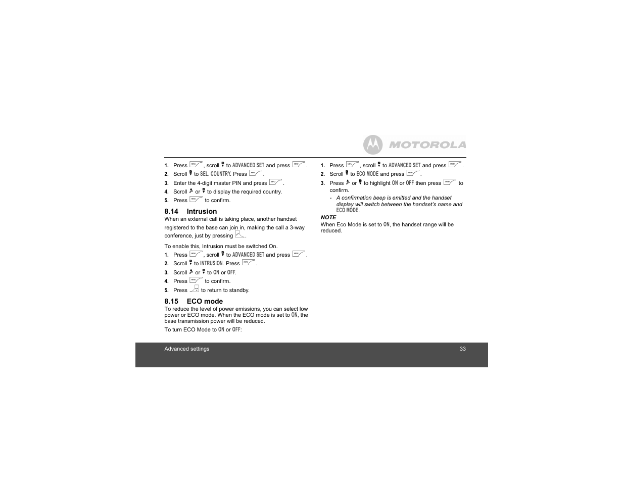 14 intrusion, 15 eco mode, 14intrusion 8.15eco mode | Motorola Digital Cordless Phone D1004 User Manual | Page 33 / 45