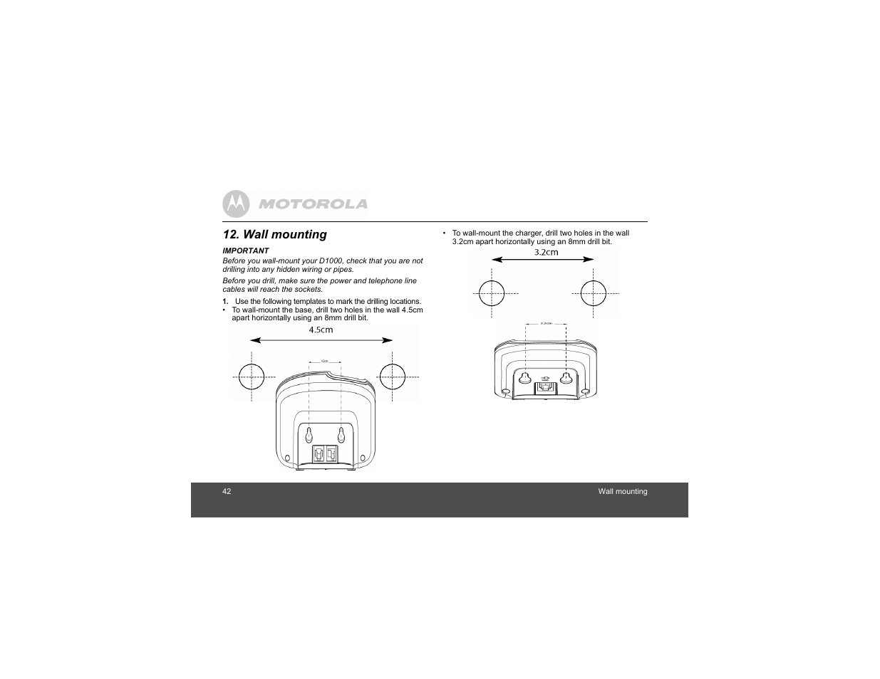 Wall mounting | Motorola Digital Cordless Phone D1004 User Manual | Page 42 / 45