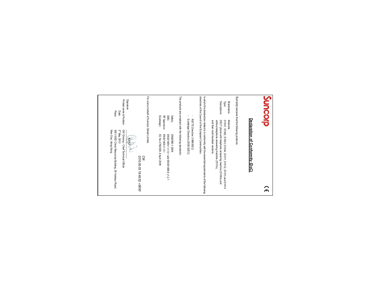 Declaration of conformity (doc) | Motorola Digital Cordless Phone D1004 User Manual | Page 44 / 45