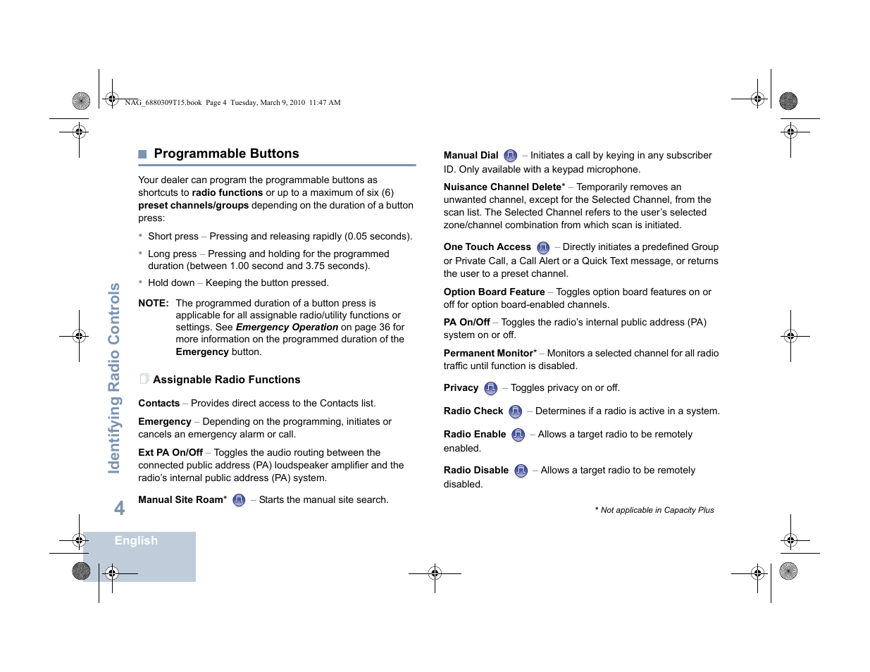 Programmable buttons, Assignable radio functions, Identifying radio controls | Motorola 4550 User Manual | Page 14 / 92