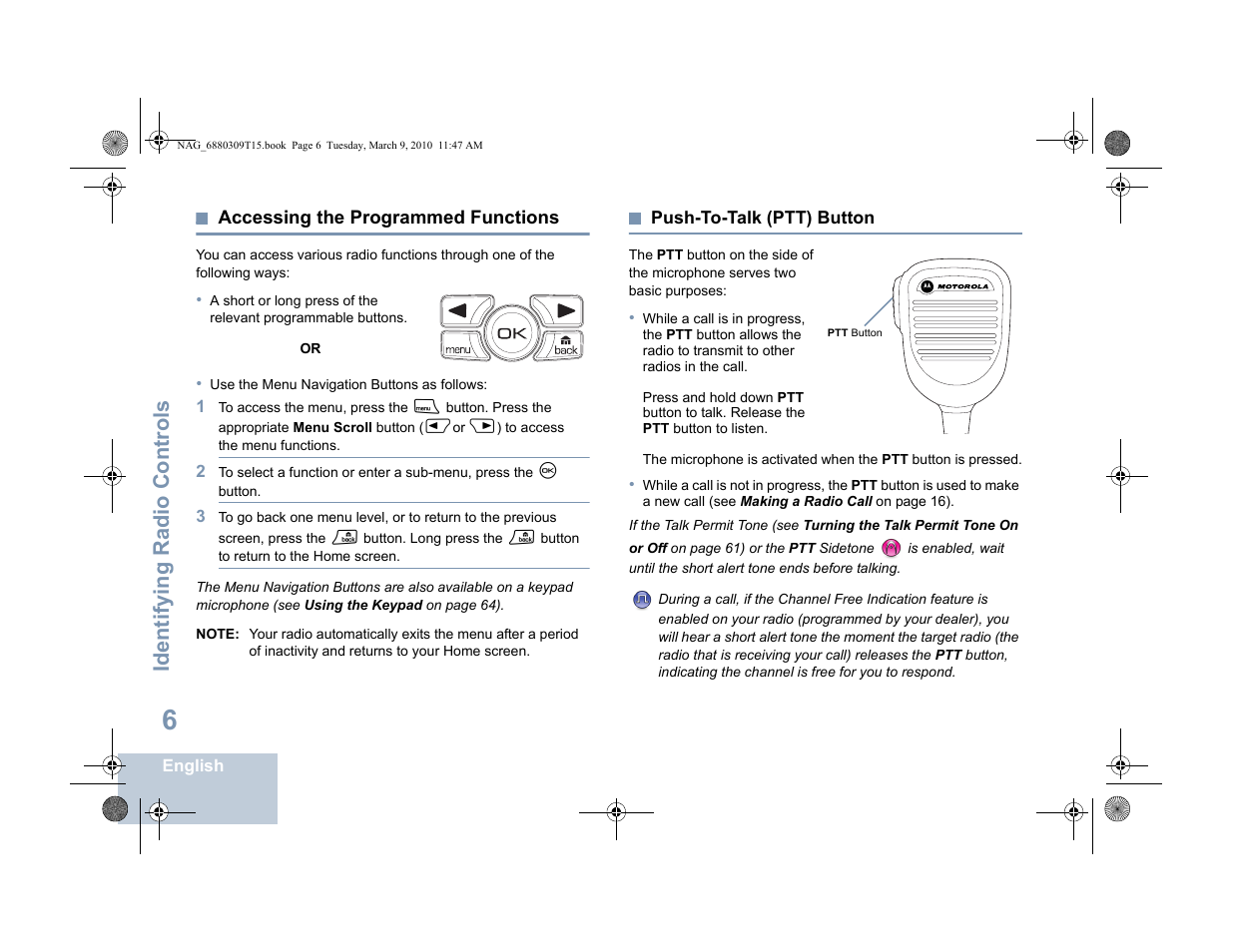 Accessing the programmed functions, Push-to-talk (ptt) button, Identifying radio controls | Motorola 4550 User Manual | Page 16 / 92