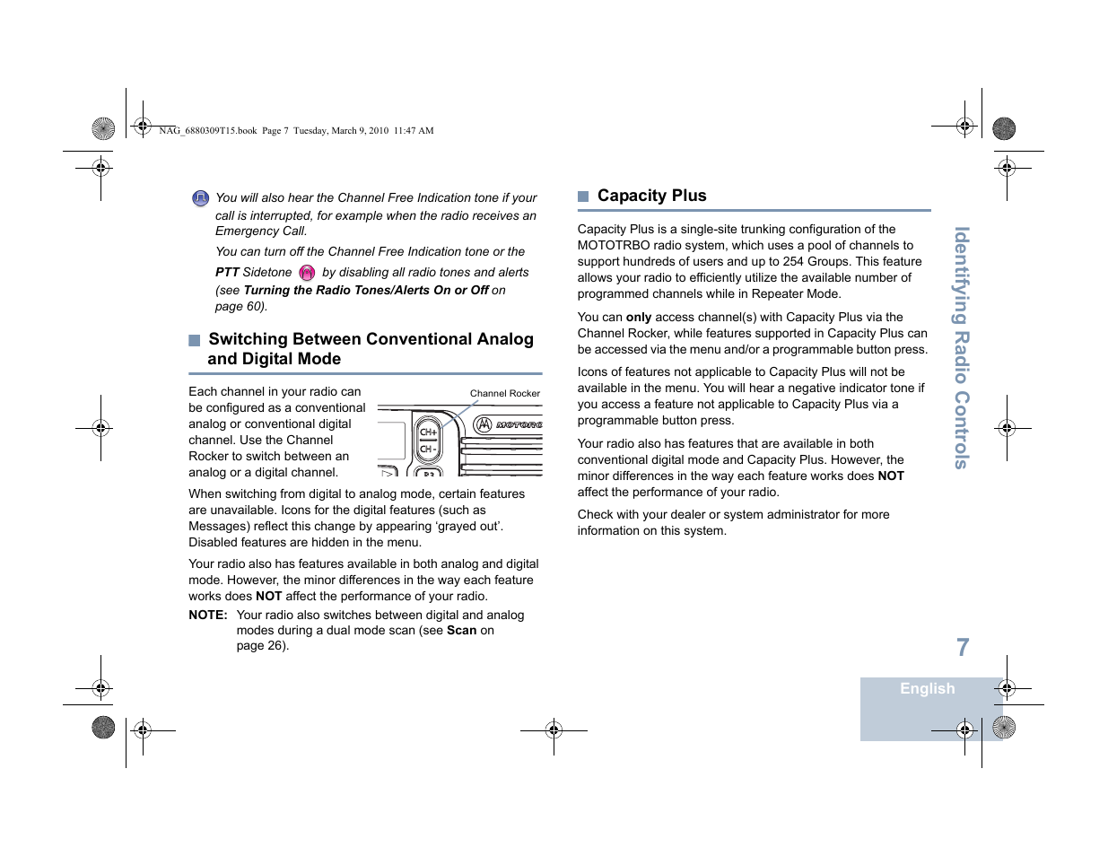 Capacity plus, Identifying radio controls, Switching between conventional analog | And digital mode | Motorola 4550 User Manual | Page 17 / 92