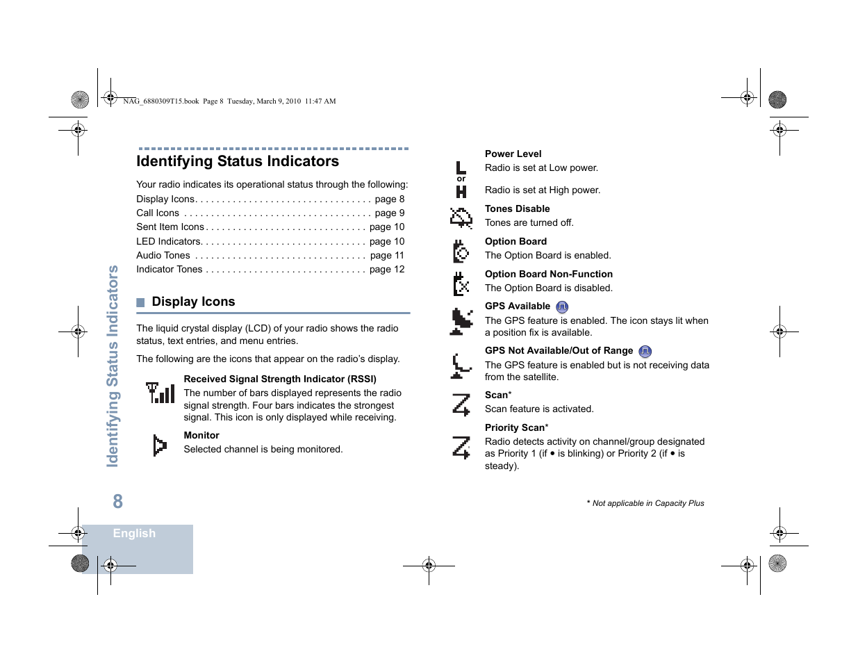 Identifying status indicators, Display icons, Identifying s tatus indicators | Motorola 4550 User Manual | Page 18 / 92
