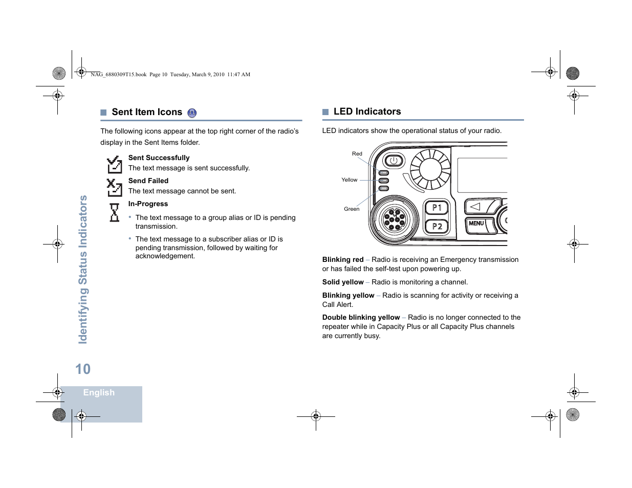 Sent item icons, Led indicators, Sent item icons led indicators | Identifying s tatus indicators | Motorola 4550 User Manual | Page 20 / 92