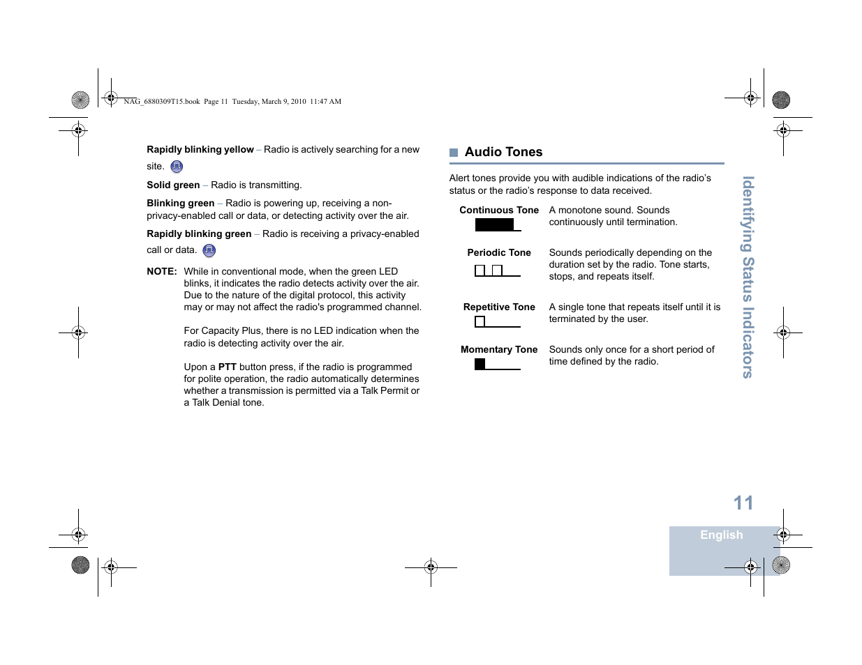 Audio tones, Identifying s tatus indicators | Motorola 4550 User Manual | Page 21 / 92