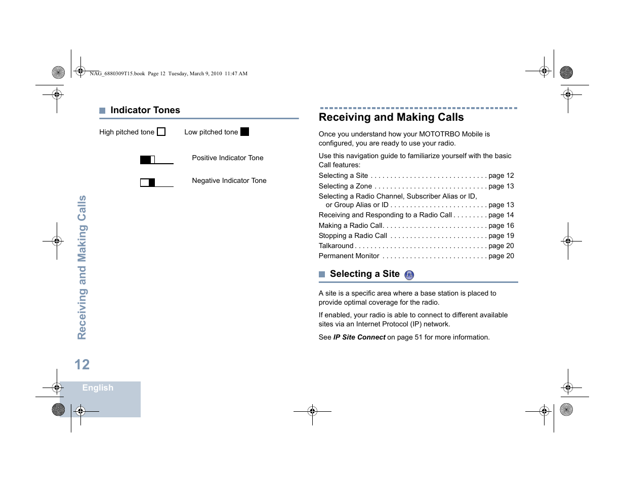 Indicator tones, Receiving and making calls, Selecting a site | Motorola 4550 User Manual | Page 22 / 92