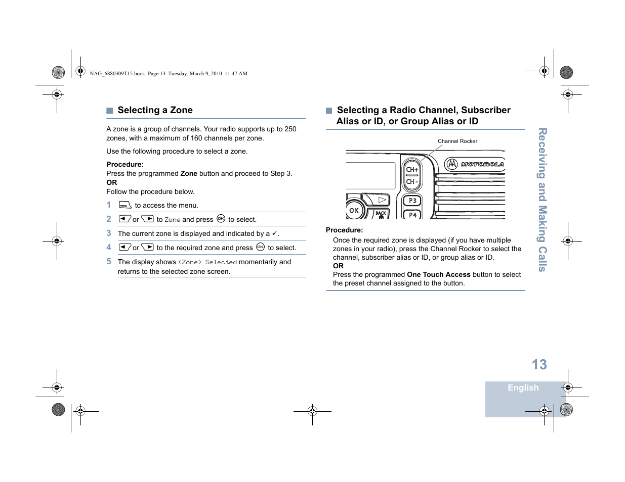 Selecting a zone, Receiving and making calls | Motorola 4550 User Manual | Page 23 / 92
