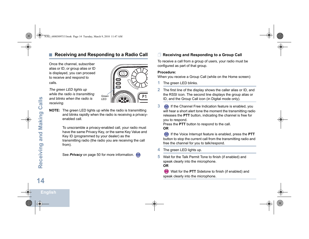Receiving and responding to a radio call, Receiving and responding to a group call, Receiving and making calls | Motorola 4550 User Manual | Page 24 / 92