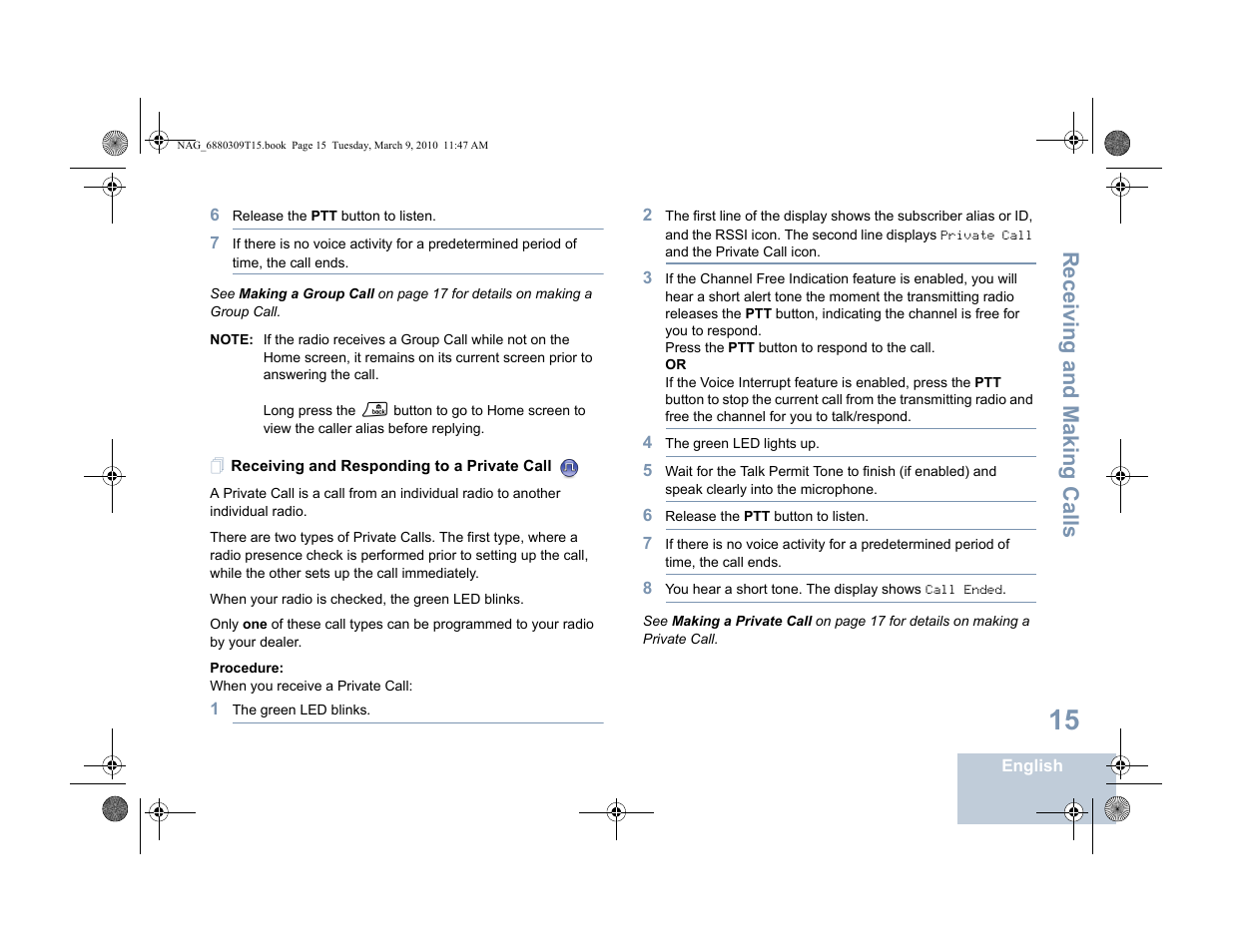 Receiving and responding to a private call, Receiving and making calls | Motorola 4550 User Manual | Page 25 / 92