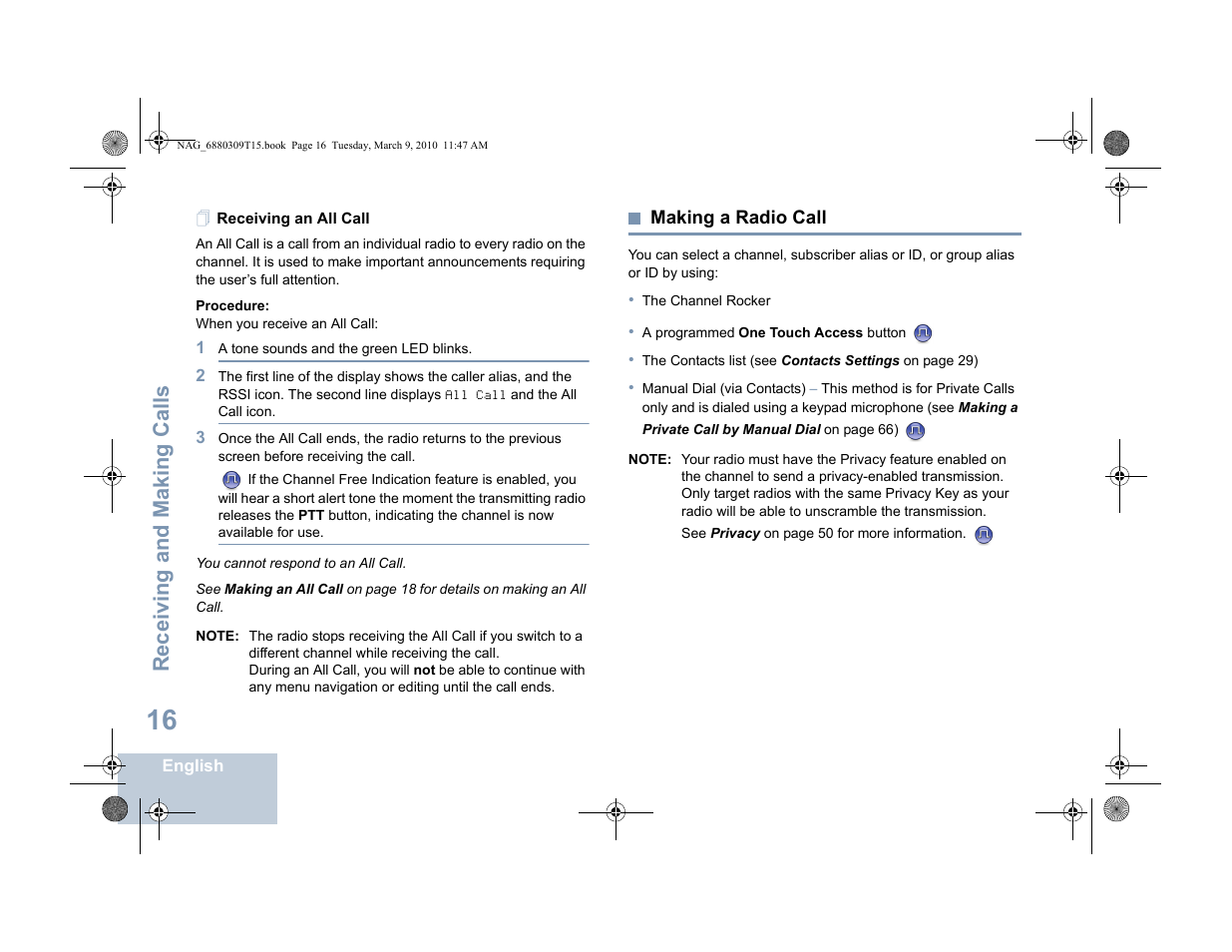 Receiving an all call, Making a radio call, Receiving and making calls | Motorola 4550 User Manual | Page 26 / 92