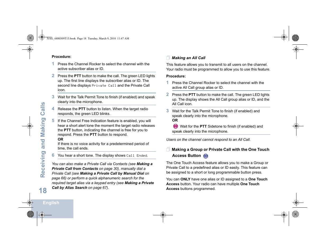 Making an all call, Receiving and making calls | Motorola 4550 User Manual | Page 28 / 92