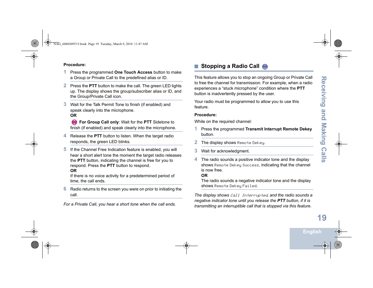 Stopping a radio call, Receiving and making calls | Motorola 4550 User Manual | Page 29 / 92