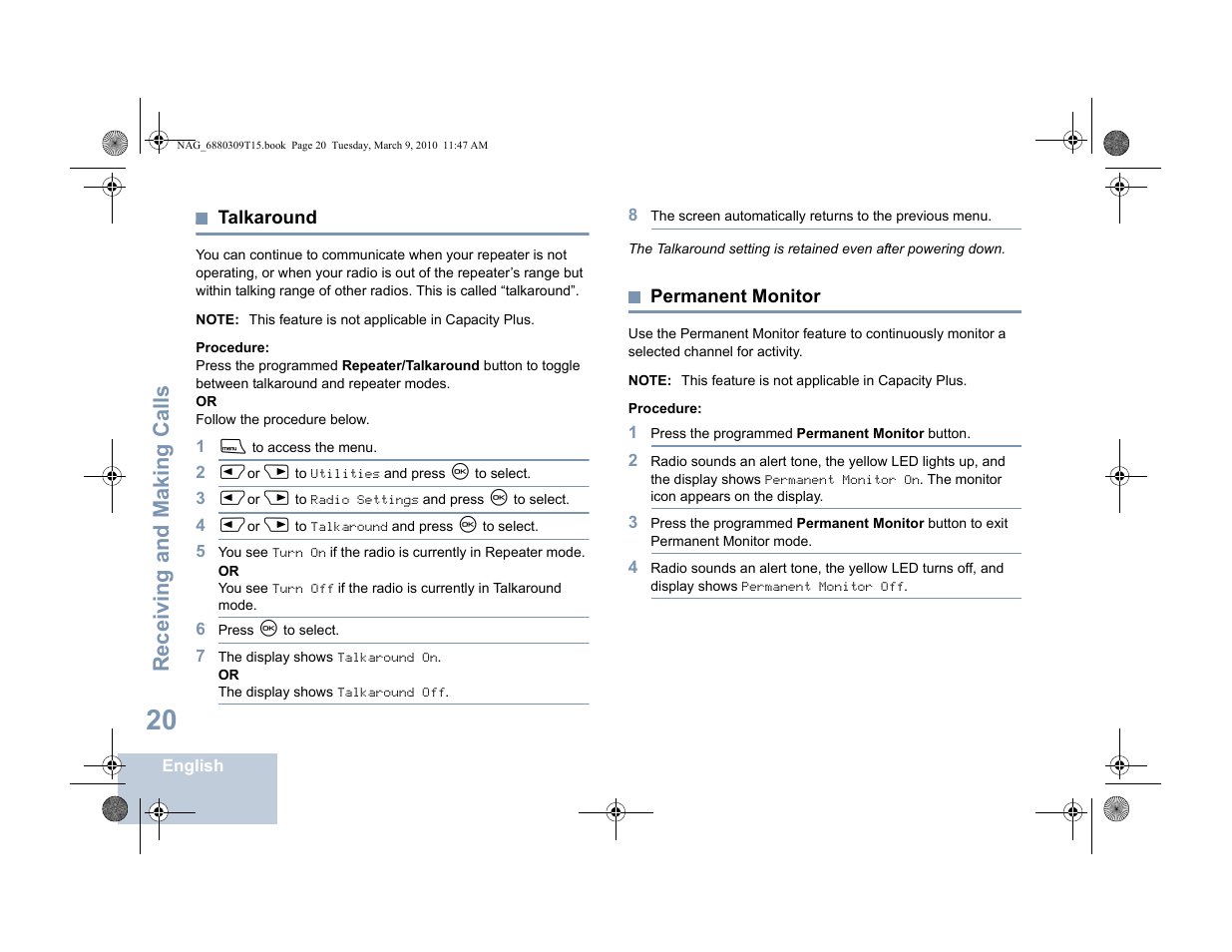 Talkaround, Permanent monitor, Talkaround permanent monitor | Receiving and making calls | Motorola 4550 User Manual | Page 30 / 92