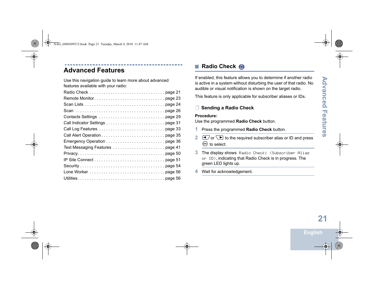 Advanced features, Radio check, Sending a radio check | Motorola 4550 User Manual | Page 31 / 92