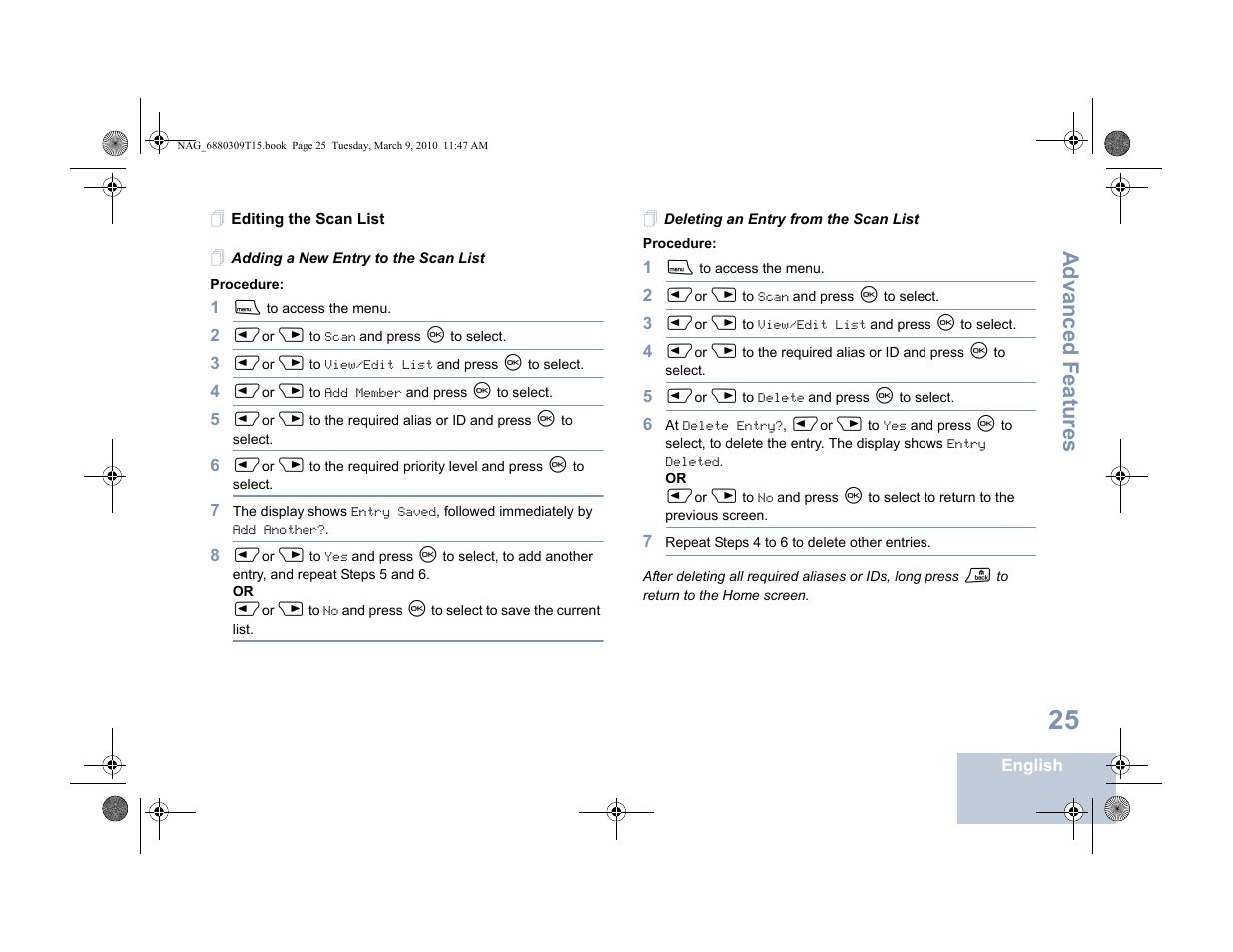 Editing the scan list, Adding a new entry to the scan list, Deleting an entry from the scan list | Advanced features | Motorola 4550 User Manual | Page 35 / 92