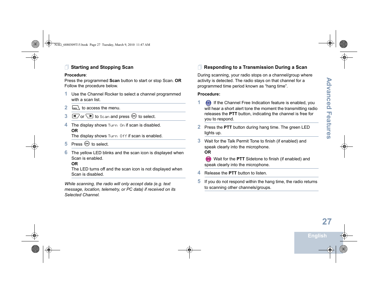 Starting and stopping scan, Responding to a transmission during a scan, Advanced features | Motorola 4550 User Manual | Page 37 / 92