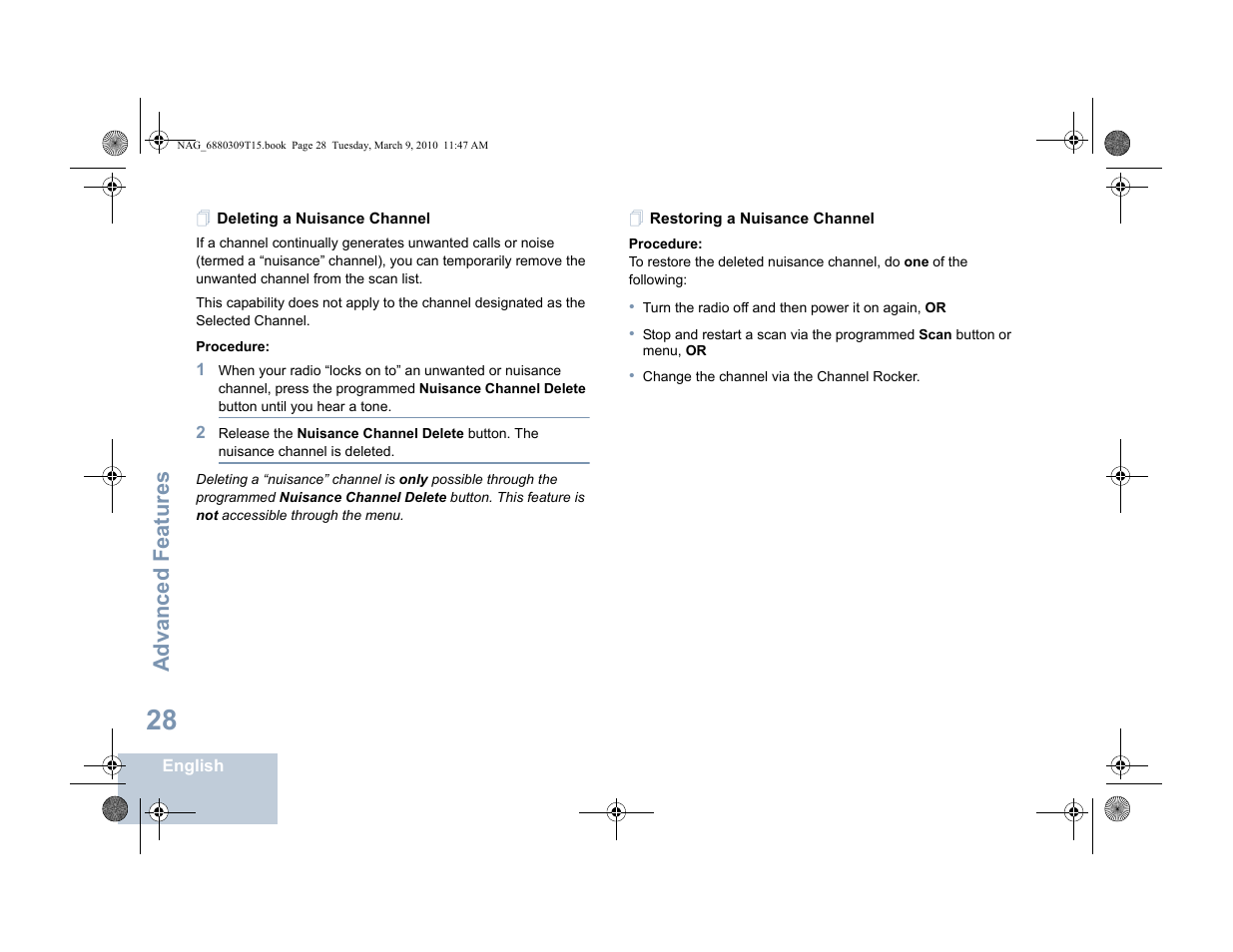 Deleting a nuisance channel, Restoring a nuisance channel, Advanced features | Motorola 4550 User Manual | Page 38 / 92