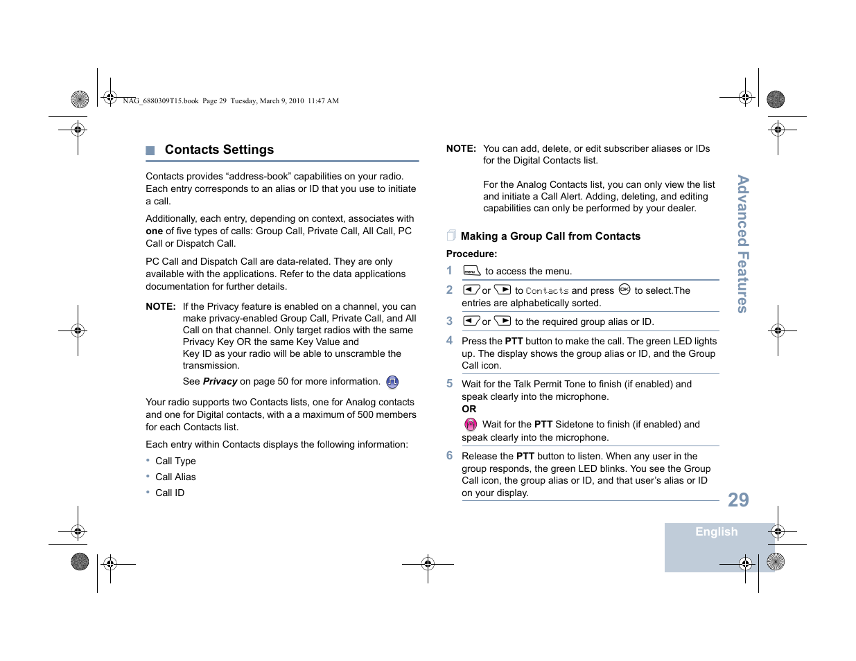 Contacts settings, Making a group call from contacts, Advanced features | Motorola 4550 User Manual | Page 39 / 92