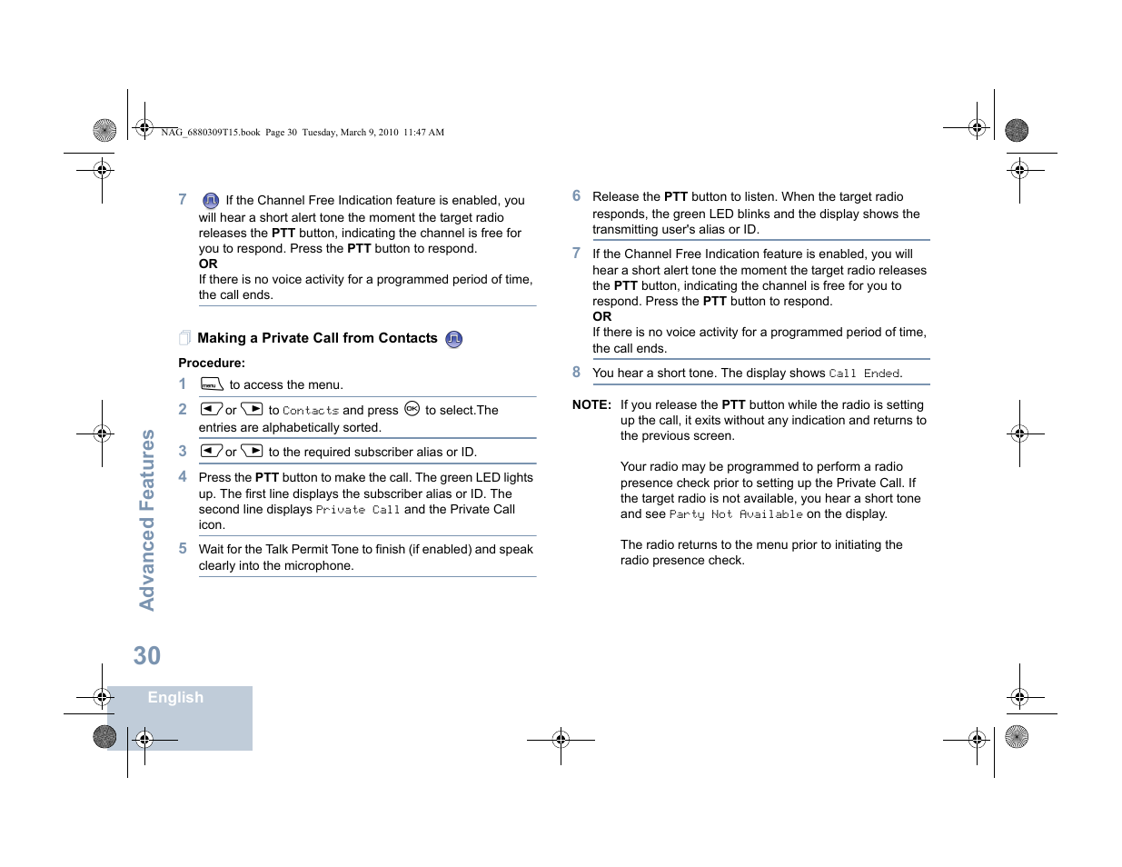 Making a private call from contacts, Advanced features | Motorola 4550 User Manual | Page 40 / 92