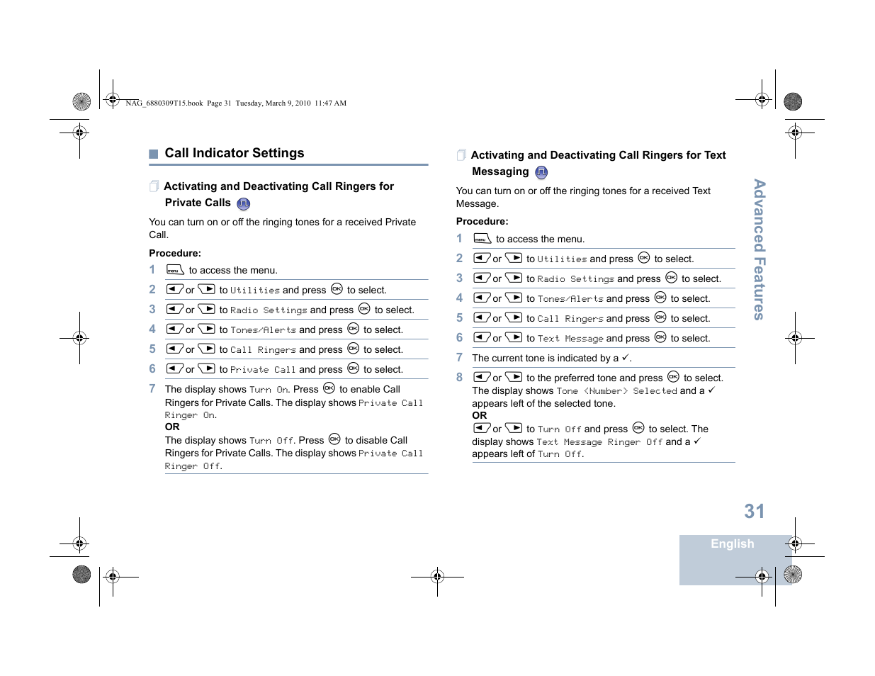 Call indicator settings, Advanced features | Motorola 4550 User Manual | Page 41 / 92