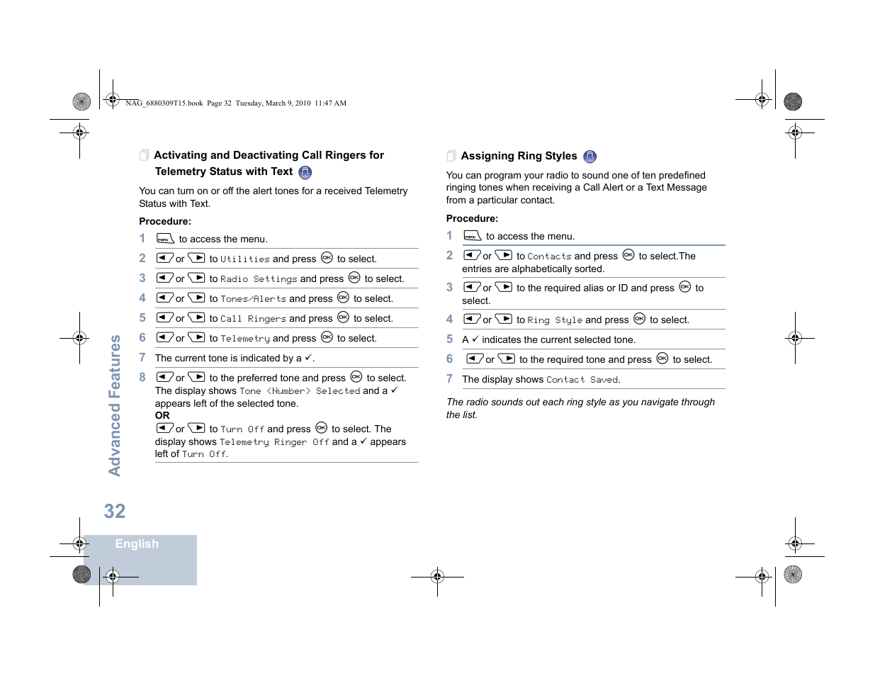 Assigning ring styles, Advanced features | Motorola 4550 User Manual | Page 42 / 92
