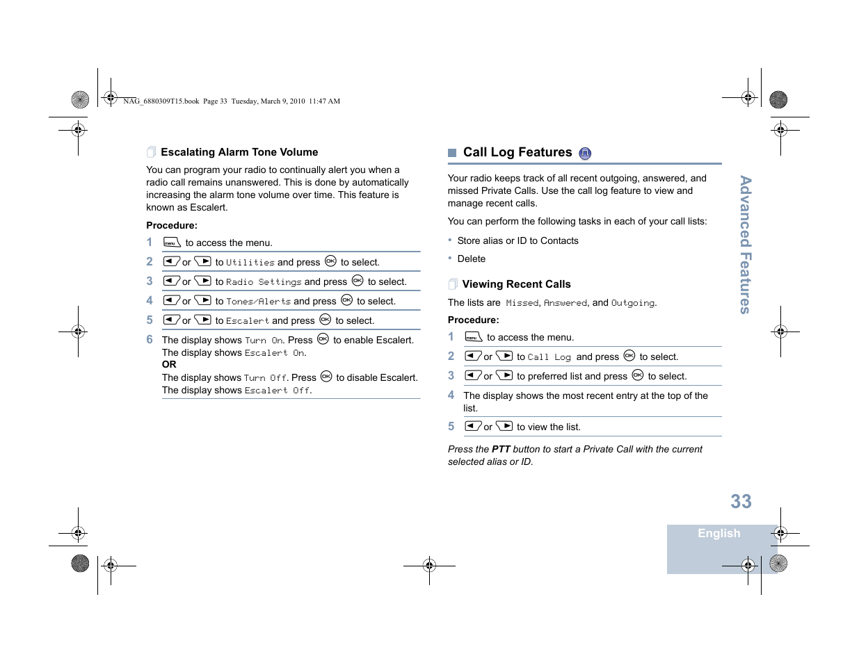 Escalating alarm tone volume, Call log features, Viewing recent calls | Advanced features | Motorola 4550 User Manual | Page 43 / 92