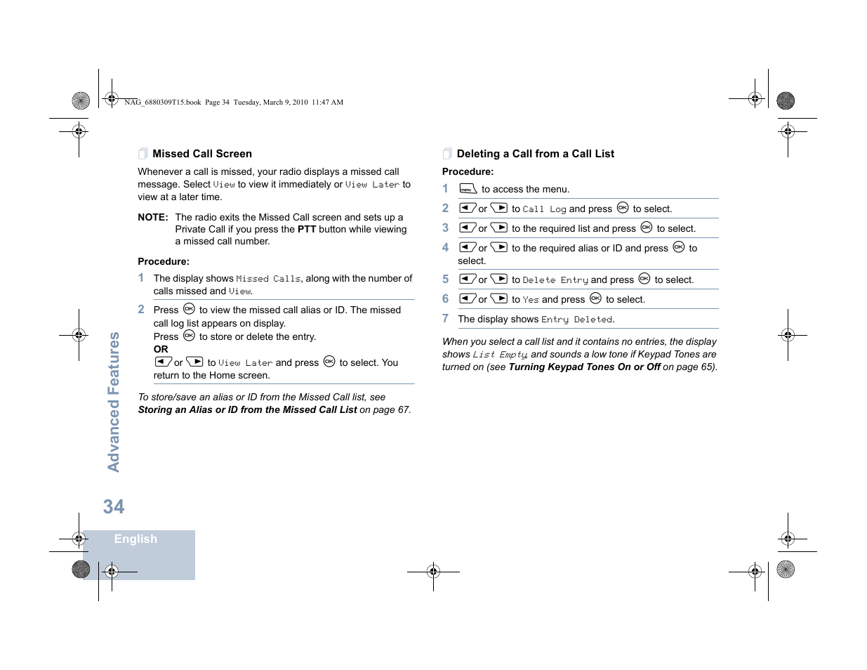 Missed call screen, Deleting a call from a call list, Advanced features | Motorola 4550 User Manual | Page 44 / 92
