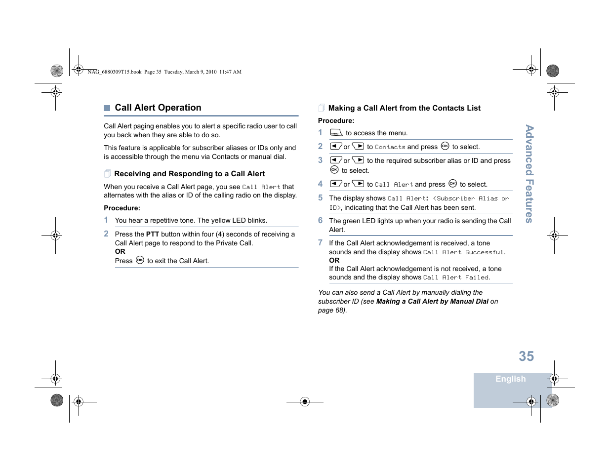 Call alert operation, Receiving and responding to a call alert, Making a call alert from the contacts list | Advanced features | Motorola 4550 User Manual | Page 45 / 92