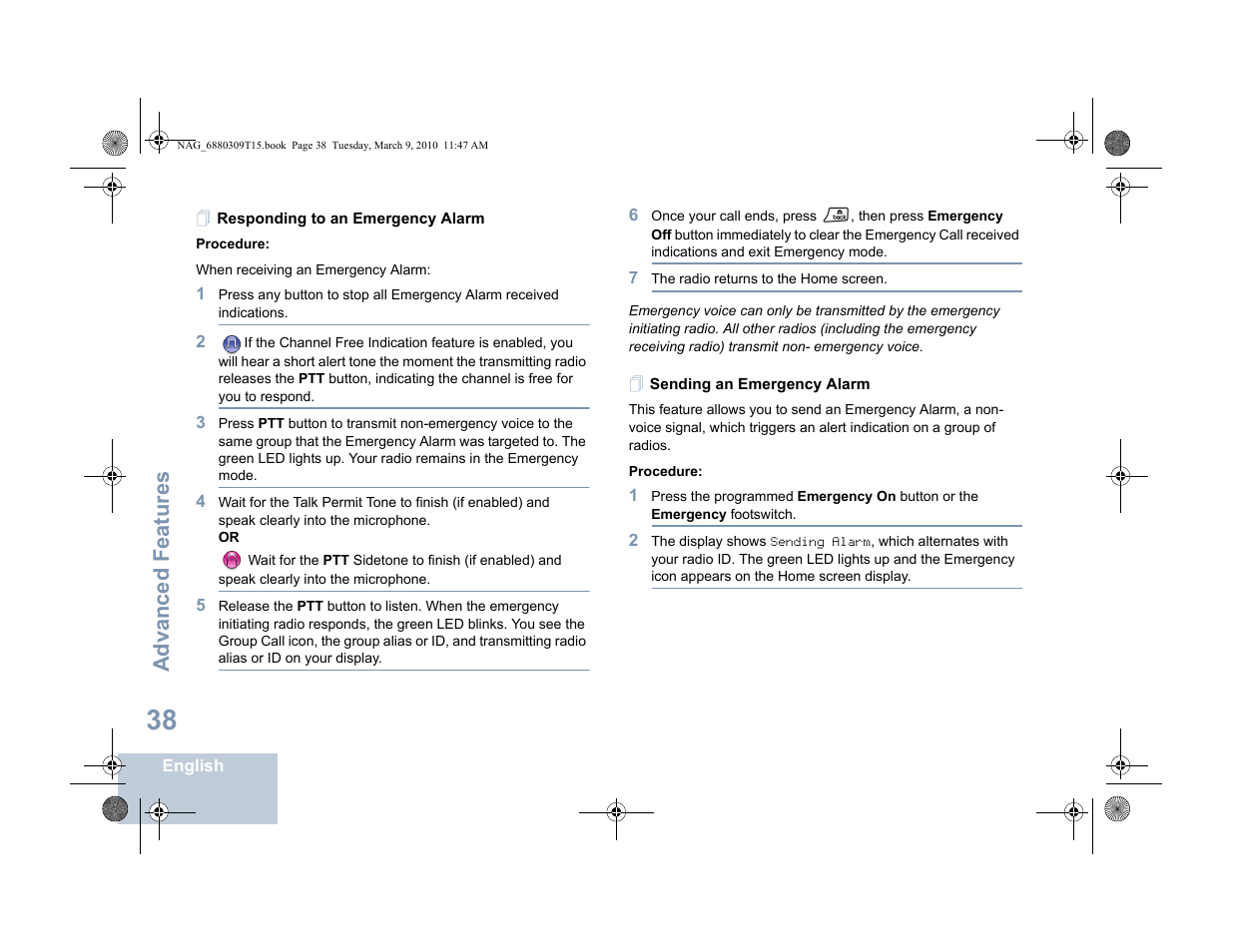 Responding to an emergency alarm, Sending an emergency alarm, Advanced features | Motorola 4550 User Manual | Page 48 / 92